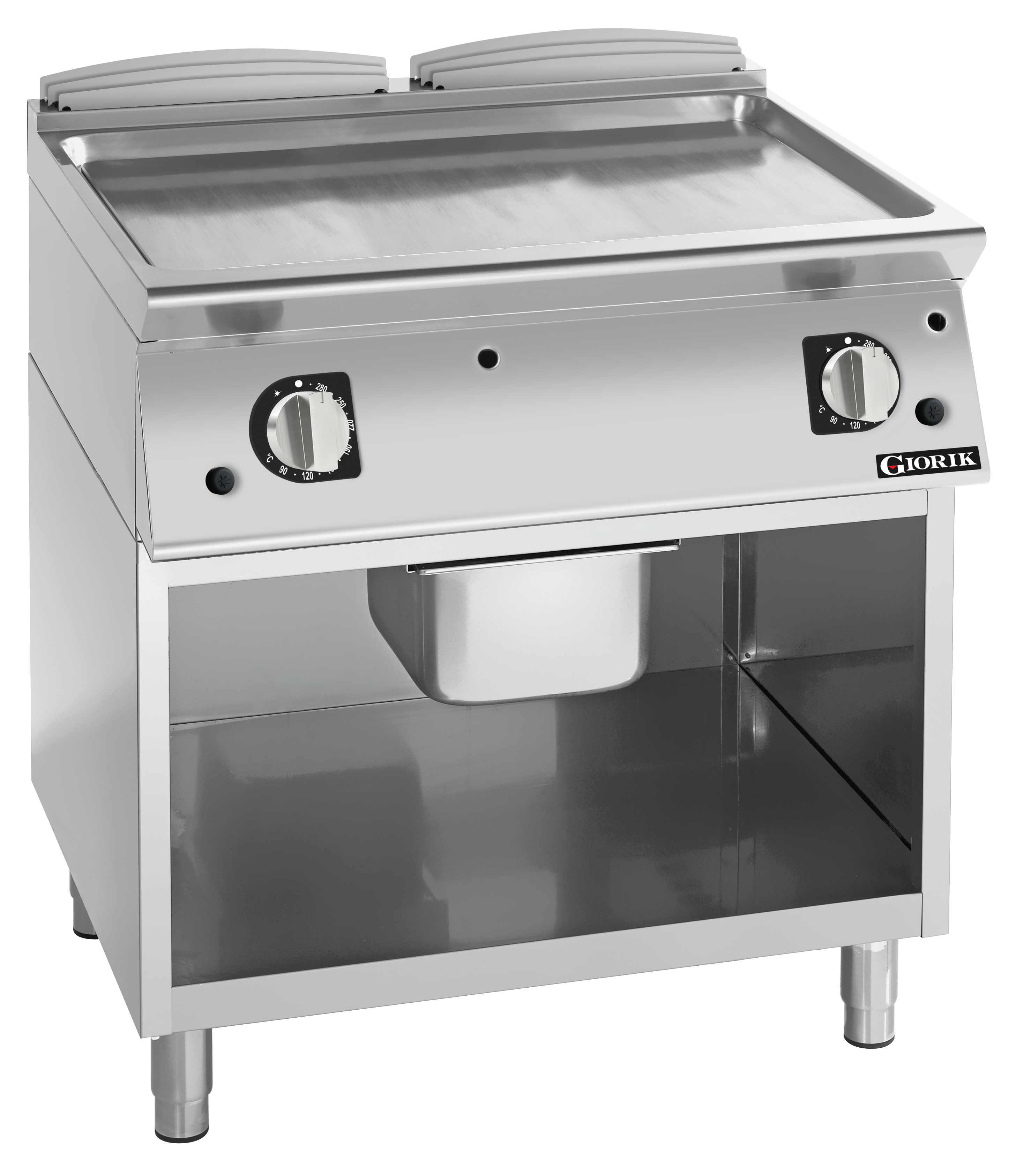 Giorik 700 Series 800mm wide Ribbed Satin Chrome Gas Frytop on Open Base FRG741GCRXT